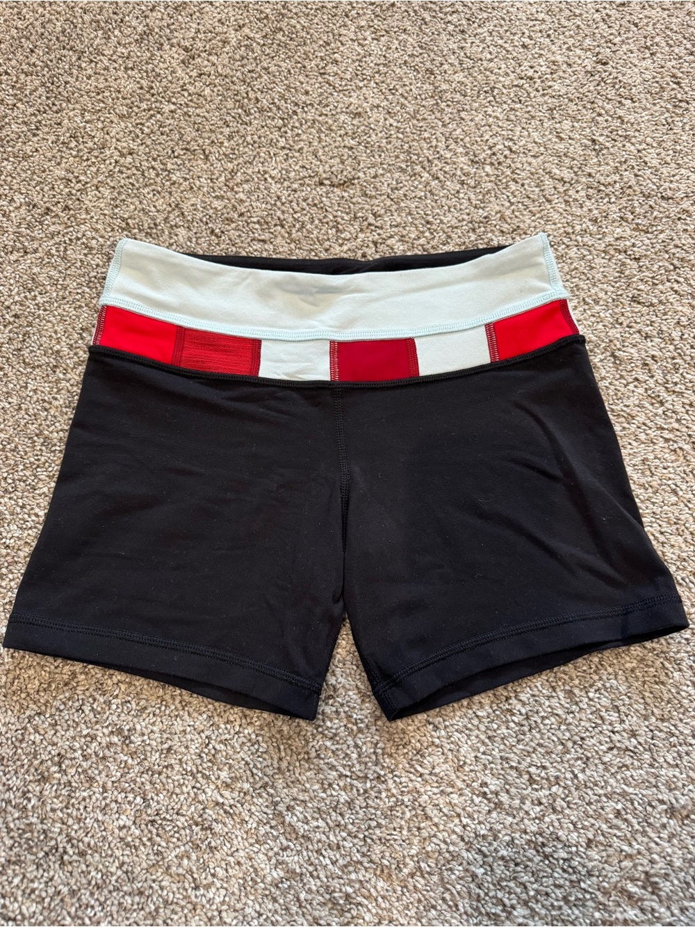 Lululemon booty Black Athletic Shorts with Red and light blue waistband